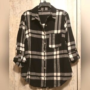 NY & Co 100% Cotton Western Style Plaid Shirt with Faux Leather Fringe